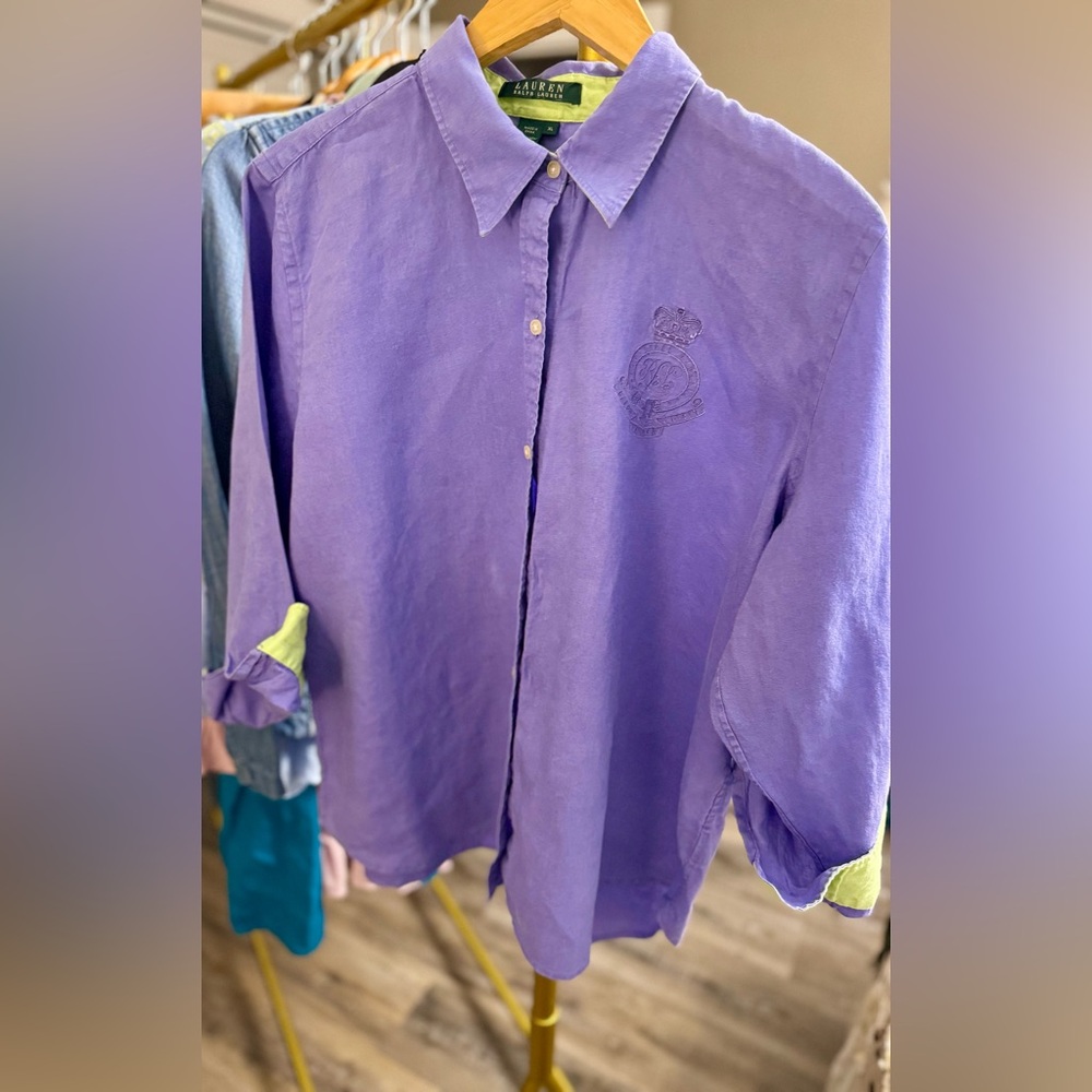 Lauren Ralph Lauren Purple Linen Button Down Shirt XL Embroidered Crest